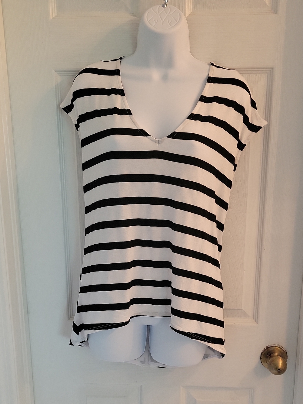 White House Black Market Black & White Striped V-Neck Short Sleeve Top